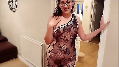 Sexy exhibitionist girl next door in black fishnet body stocking wants cream but gets fucked and oral creampie instead sloppy blowjob POV Indian